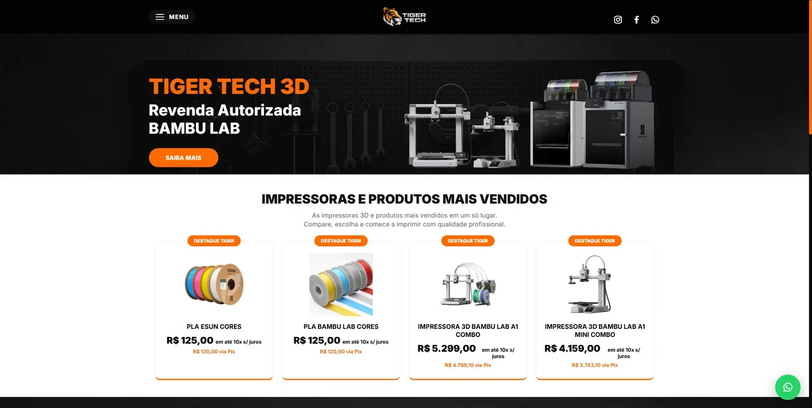 Página inicial do e-commerce Tiger Tech 3D