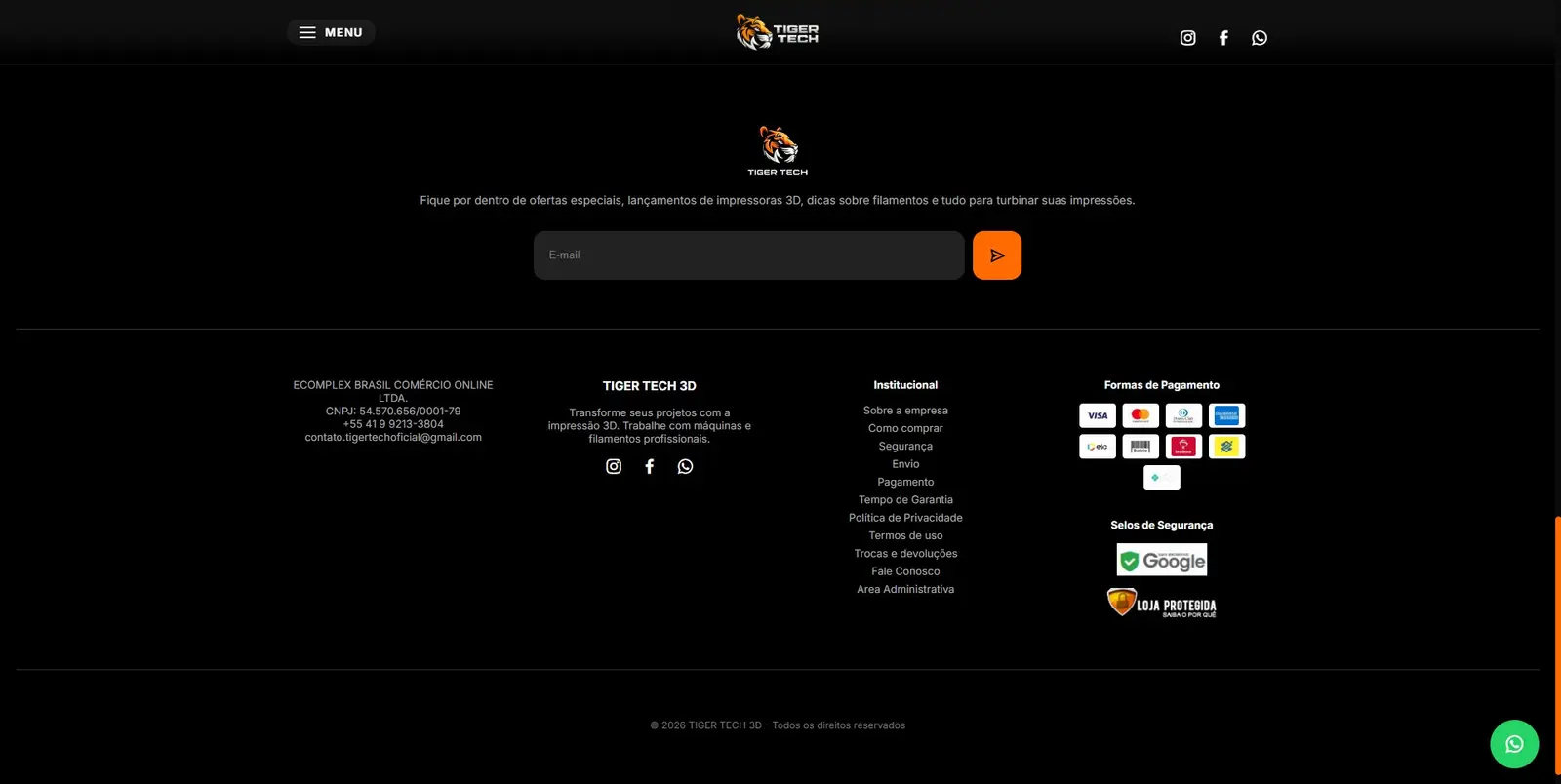 Newsletter e rodapé da Tiger Tech 3D