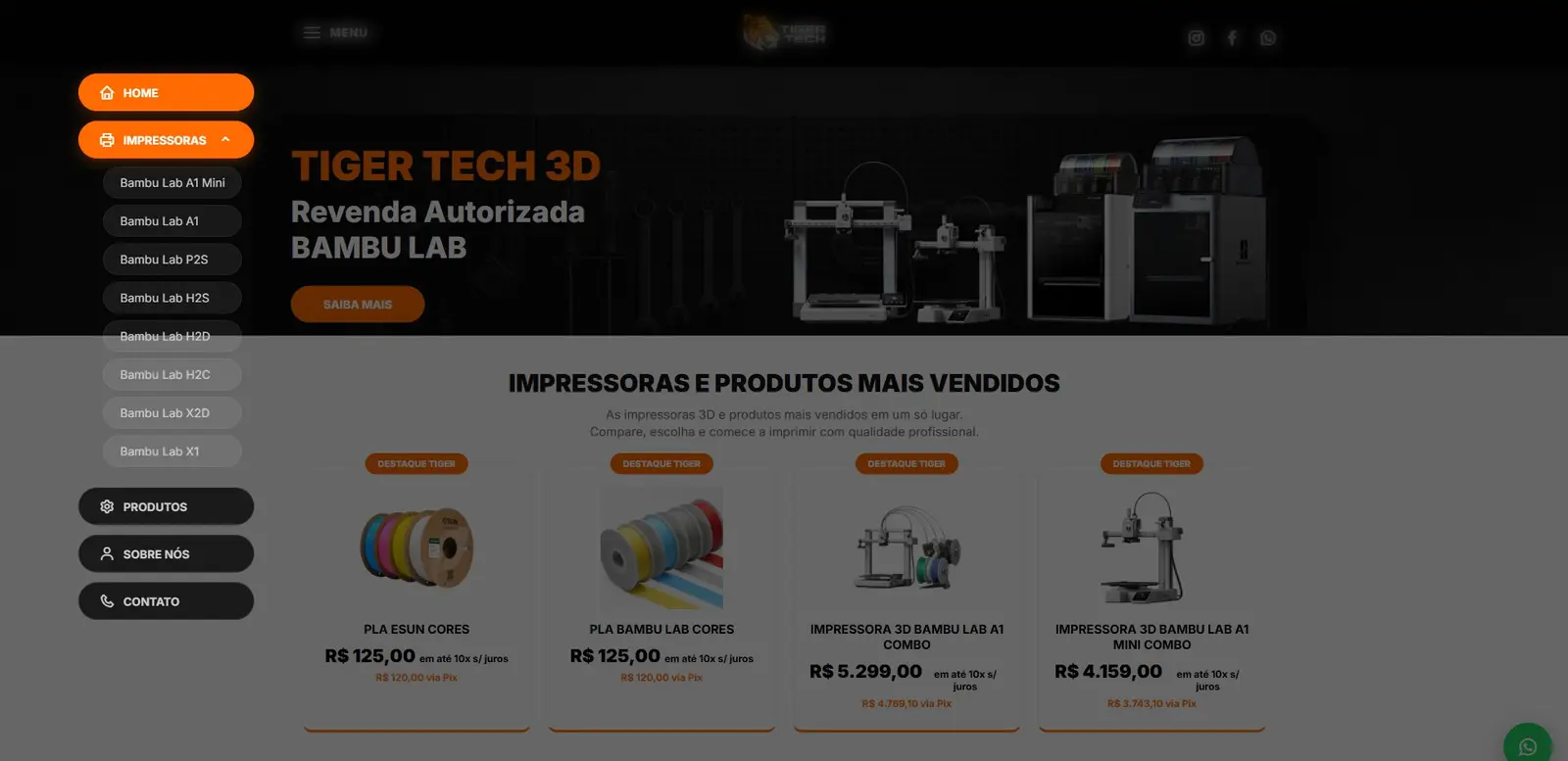Menu lateral com categorias
