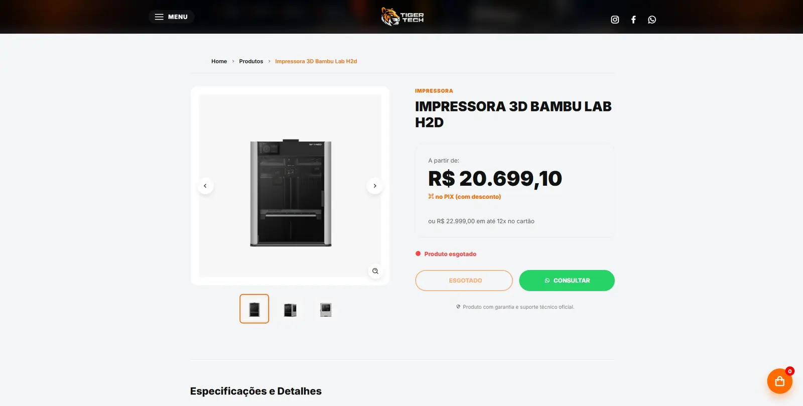 Página do produto Bambu Lab H2D